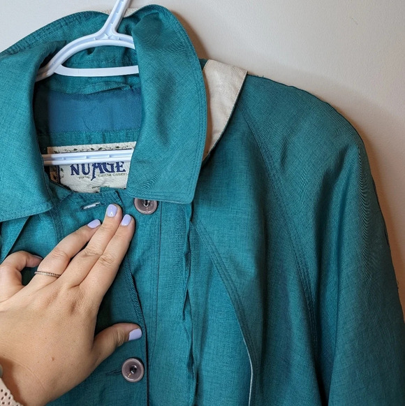 Nuage Vintage Teal Green Cream Hooded Wind Breaker Coat Jacket Women Large - Picture 8 of 11